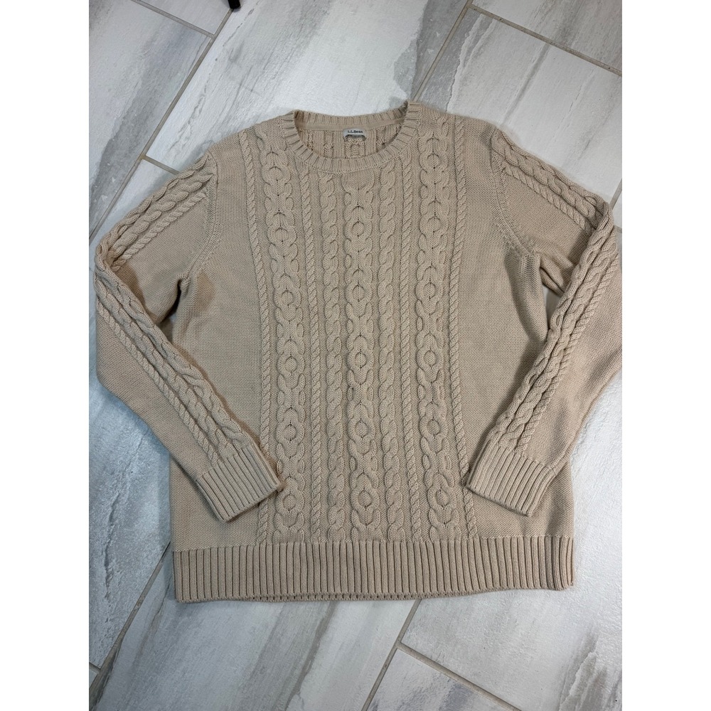 L.L.Bean Tan Beige 100% Cotton Cable Knit Crewneck Sweater 298839 Mens M